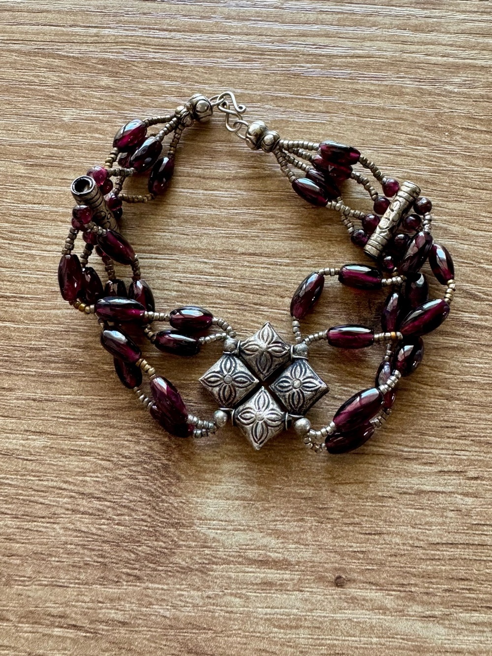 Vintage Karen Hill Tribe Fine Silver & Garnet Multi-Strand Bracelet